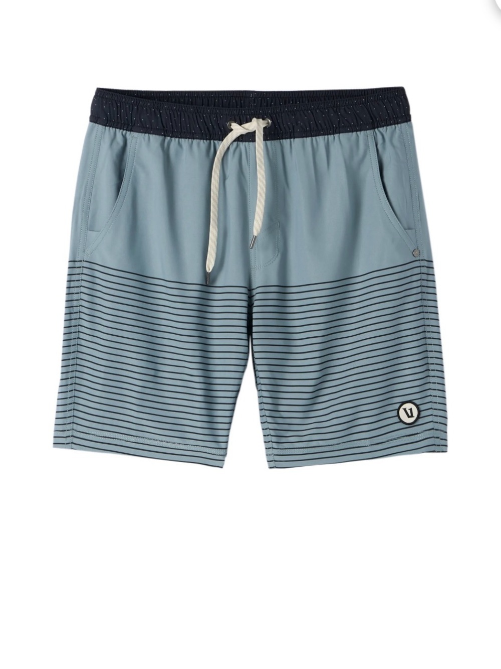 Vuori Men’s Small- Kore Short 7” Striped Blue Swim Trunks with Navy Waistband